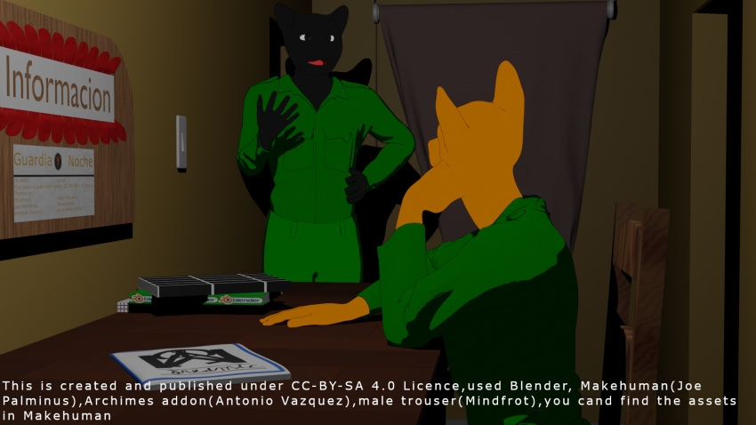 ambiguous_gender anthro blender_(software) book chair clothing domestic_cat duo equid equine felid feline felis furniture guards hi_res horse jaldmic makehuman mammal military_uniform on_chair sitting sitting_on_chair talking_to_another talking_to_partner uniform