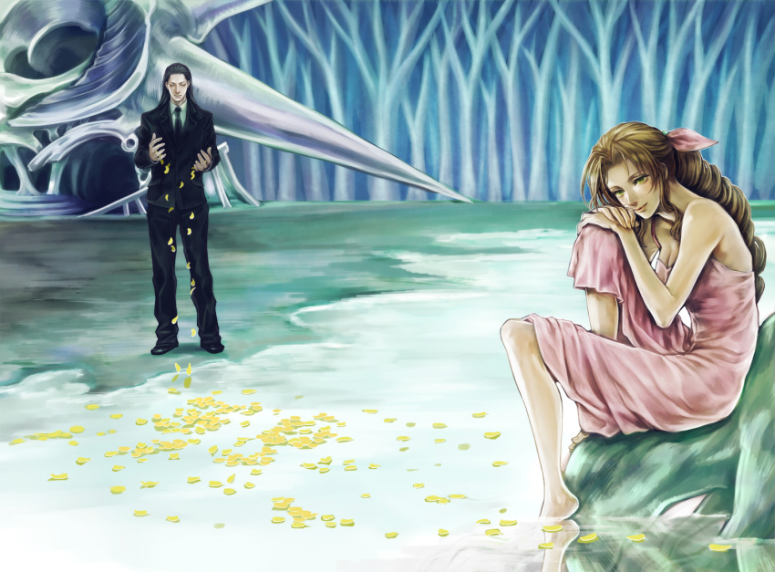 1boy 1girl aerith_gainsborough bangs bare_arms barefoot bindi black_footwear black_hair black_jacket black_pants black_suit braid braided_ponytail breasts brown_hair cleavage closed_eyes dress final_fantasy final_fantasy_vii forest formal full_body green_eyes hair_rings hair_slicked_back jacket lake long_dress long_hair looking_at_viewer medium_breasts nature necktie outdoors own_hands_together pants parted_bangs petals petals_on_liquid pink_dress pink_ribbon ribbon roots seashell shell shirt sidelocks sitting smile soaking_feet suit tetra_takamine tseng wavy_hair white_shirt