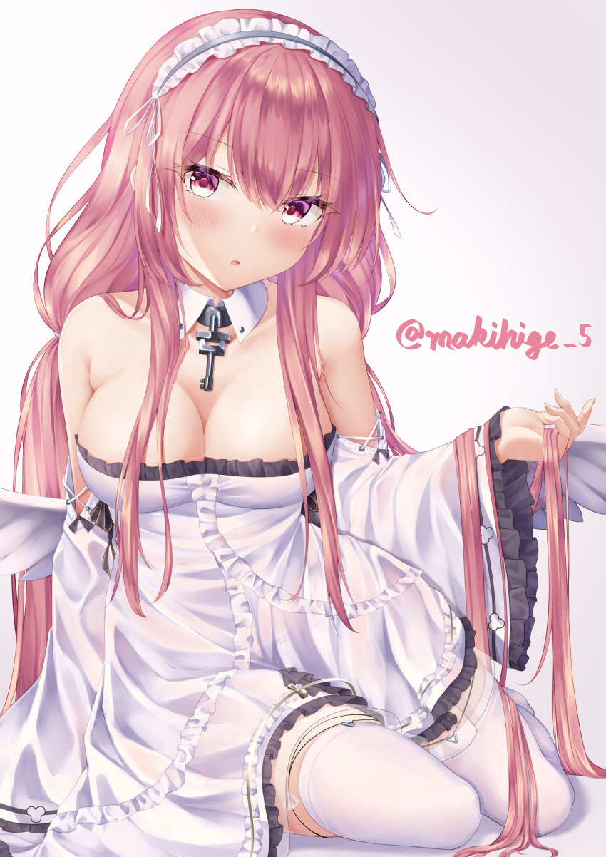 1girl absurdres artist_name azur_lane breasts cleavage collar dress frilled_dress frills highres long_hair long_sleeves looking_at_viewer makihige medium_breasts perseus_(azur_lane) pink_eyes pink_hair simple_background solo strapless strapless_dress thighhighs very_long_hair white_background white_collar white_dress white_thighhighs wide_sleeves