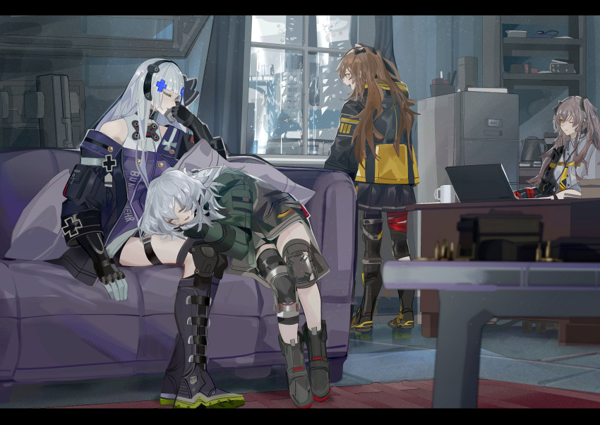 404_(girls'_frontline) 4girls absurdres boots brown_eyes brown_hair closed_eyes computer couch cross fingerless_gloves g11_(girls'_frontline) girls'_frontline gloves grey_hair hair_ribbon hand_on_own_cheek hand_on_own_face headband highres hk416_(girls'_frontline) iron_cross jacket knee_guards lap_pillow laptop long_hair military_jacket mod3_(girls'_frontline) multiple_girls nslacka off_shoulder one_eye_closed pantyhose pleated_skirt ribbon scar scar_across_eye scar_on_face shirt sitting skirt sleeping twintails ump45_(girls'_frontline) ump9_(girls'_frontline) white_shirt