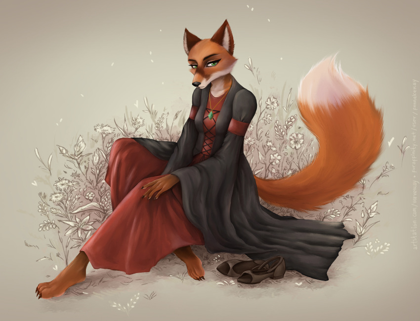 absurd_res anthro barefoot black_and_white_background canid canine clothing emerald_(gem) feet female fenneke_may flower footwear fox gem gown green_eyes hi_res looking_at_viewer mammal meadow medieval on_ground pawpads pendant plant relaxing serious silva_vernalis sitting sketch sketch_background solo spring story story_in_description