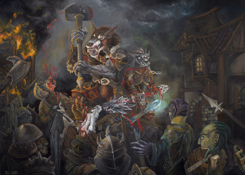 absurd_res anthro blizzard_entertainment canid duo female feodorath fighting_pose gore hi_res male mammal oil_painting_(artwork) painting_(artwork) pose soldier traditional_media_(artwork) undead video_games warcraft warrior weapon were werecanid worgen