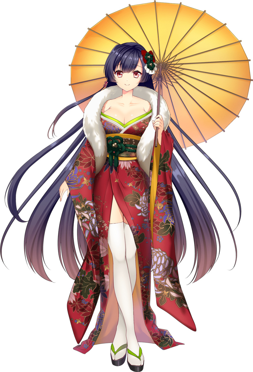 1girl agekichi_(heart_shape) artwhirl_mahou_gakuen_no_otome-tachi bangs black_hair bow breasts cleavage closed_mouth collarbone floating_hair floral_print full_body hair_between_eyes hair_bow highres holding holding_umbrella japanese_clothes kimono large_breasts long_hair long_sleeves looking_at_viewer off_shoulder oil-paper_umbrella print_kimono red_bow red_eyes red_kimono sakura_(artwhirl) shiny shiny_hair smile solo standing tabi thighhighs transparent_background umbrella very_long_hair wide_sleeves yellow_umbrella yukata