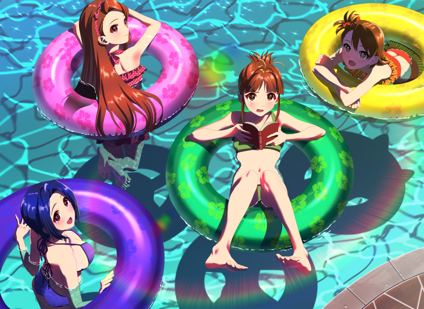 4girls absurdres akizuki_ritsuko arm_rest barefoot bikini book brown_hair dark_blue_hair folded_ponytail futami_ami green_bikini highres holding holding_book idolmaster idolmaster_(classic) idolmaster_2 innertube lens_flare looking_at_viewer minase_iori miura_azusa multiple_girls navel omitsu one_side_up orange_bikini pink_bikini pool purple_bikini ryuuguu_komachi_(idolmaster) straight_hair swimsuit