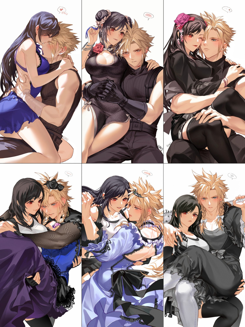 anger_vein baseball_bat black_dress black_hair blush breasts carrying china_dress chinese_clothes cleavage cloud_strife crossdressing double_bun dress duoj_ji embarrassed final_fantasy final_fantasy_vii final_fantasy_vii_remake fingerless_gloves gloves hair_bun heart highres holding holding_hands holding_weapon hug japanese_clothes kimono kiss kissing_nose nail nail_bat official_alternate_costume over_shoulder princess_carry purple_dress role_reversal sitting sitting_on_lap sitting_on_person spiked_hair spoken_anger_vein spoken_blush spoken_heart tifa_lockhart tifa_lockhart's_exotic_dress tifa_lockhart's_refined_dress tifa_lockhart's_sporty_dress weapon weapon_over_shoulder