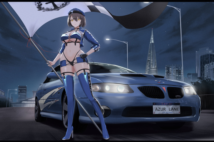 1girl absurdres azur_lane baltimore_(azur_lane) bangs blue_footwear blue_headwear boots breasts brown_hair building car character_name cityscape cleavage commentary_request copyright_name flag full_body ground_vehicle hand_on_hip hat headlight highres holding holding_flag holding_pole kcar66t lamppost large_breasts license_plate light motor_vehicle navel night night_sky official_alternate_costume outdoors pole pontiac pontiac_gto race_queen short_hair sky skyscraper solo sports_car standing thigh_boots underboob vehicle_focus yellow_eyes