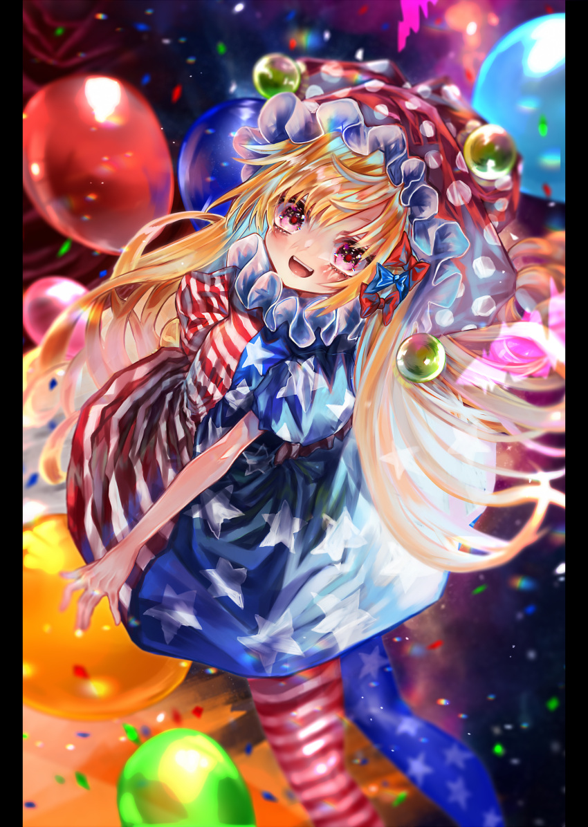 1girl american_flag_dress american_flag_legwear balloon blonde_hair clownpiece dress hat highres jester_cap long_hair looking_at_viewer neck_ruff open_mouth pantyhose polka_dot red_eyes red_headwear short_sleeves smile solo star_(symbol) star_print striped touhou very_long_hair zhu_xiang