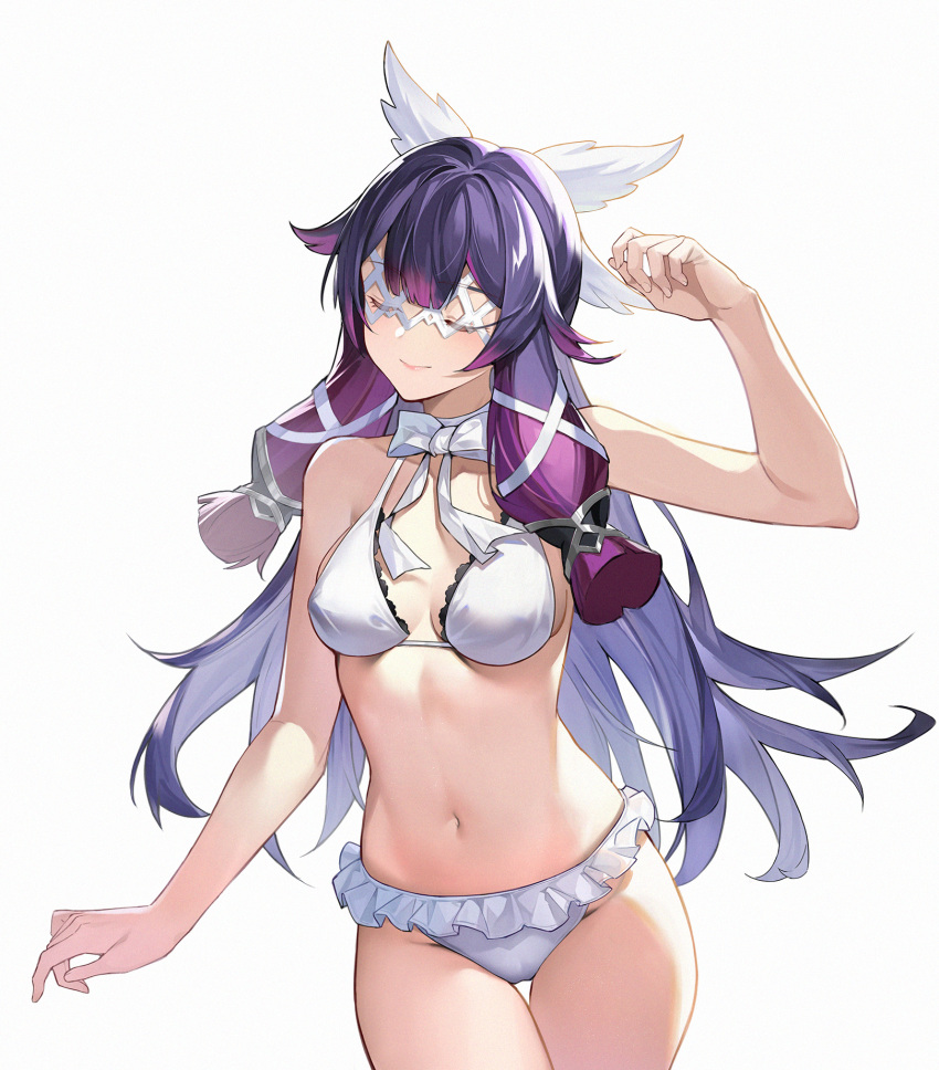 1girl bangs bare_arms bare_shoulders bikini bow breasts closed_eyes collarbone columbina_(genshin_impact) commentary_request cowboy_shot frills genshin_impact gradient_hair groin hair_flaps hand_up highres long_hair medium_breasts multicolored_hair purple_hair sidelocks solo standing stomach swimsuit thighs very_long_hair white_bikini white_bow yin_lan_xue