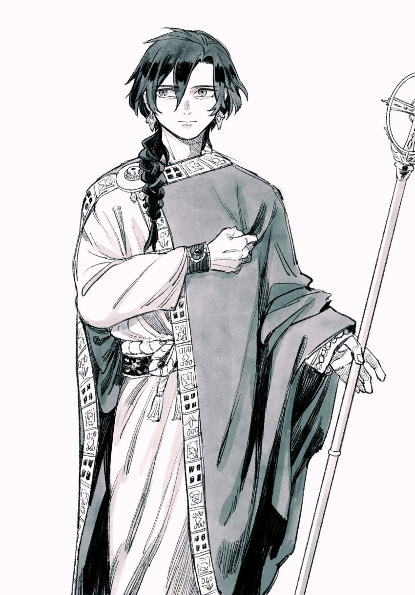 1boy alternate_costume alternate_hairstyle braid byzantine_empire cheeeeese0619 clenched_hand cloak closed_mouth constantine_xi_(fate) earrings expressionless facing_viewer fate/grand_order fate_(series) feet_out_of_frame greyscale hair_between_eyes hair_over_shoulder hand_on_own_chest highres holding holding_staff jewelry long_hair long_sleeves male_focus monochrome robe roman_clothes rope_belt sideways_glance simple_background single_braid sleeve_cuffs solo staff tassel white_background