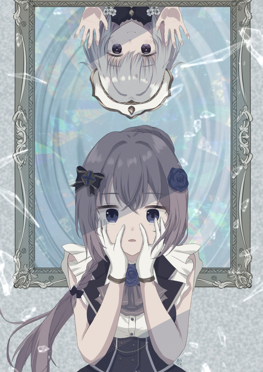 2girls against_glass against_mirror bangs black_bow blue_eyes blue_flower blue_rose blue_vest blush bow braid buttons closed_mouth dot_nose evil_smile eyes_visible_through_hair flower frilled_sleeves frills glass_shards gloves gold_trim grey_hair hair_bow hair_flower hair_intakes hair_ornament hands_on_own_face hands_up hat highres jabot lapels long_hair looking_ahead looking_down magia_record:_mahou_shoujo_madoka_magica_gaiden magical_girl mahou_shoujo_madoka_magica multiple_girls parted_lips ponytail purple_eyes rose sena_mikoto shirousa_(blanche_lapine3) shirt short_sleeves side_braid sidelocks single_braid smile upside-down vest white_flower white_gloves white_headwear white_shirt worried yakumo_mitama