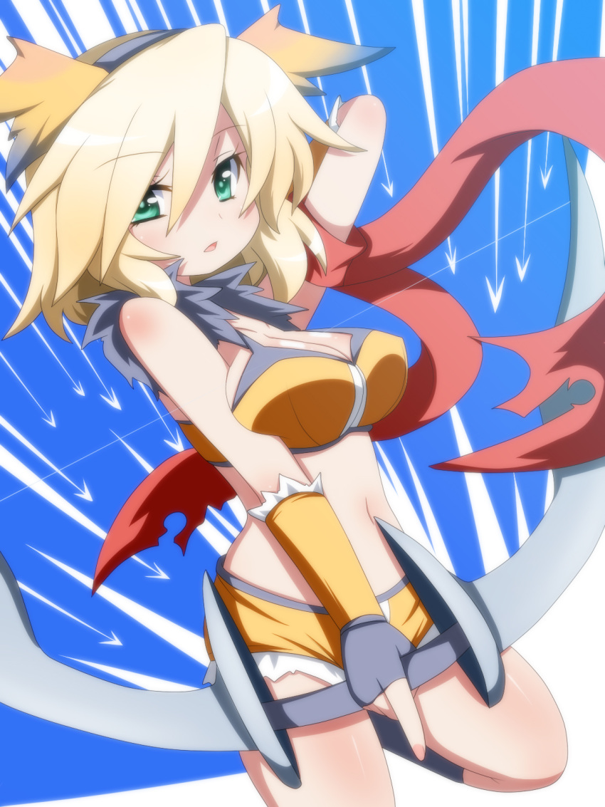 1girl armband bangs blonde_hair blush bow_(weapon) breasts cleavage commentary_request crop_top fake_wings fingerless_gloves foot_out_of_frame fur-trimmed_gloves fur-trimmed_shirt fur-trimmed_shorts fur_trim gloves green_eyes grey_gloves grey_shirt hair_between_eyes highres holding holding_bow_(weapon) holding_weapon large_breasts looking_at_viewer medium_hair midriff navel oborotsuki_kakeru open_mouth ragnarok_online shirt short_shorts shorts sleeveless sleeveless_shirt sniper_(ragnarok_online) solo two-tone_gloves two-tone_shirt weapon wings yellow_gloves yellow_shirt yellow_shorts