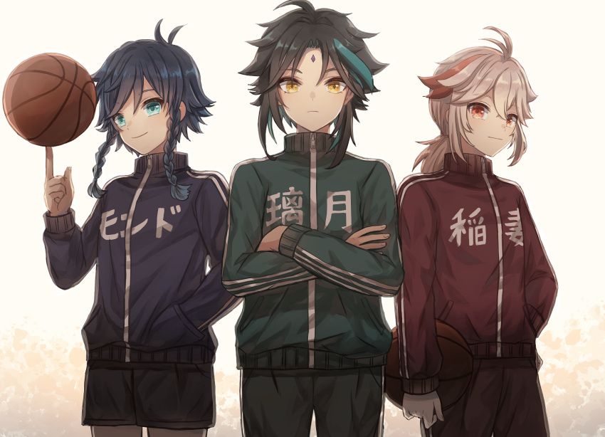 3boys ahoge antenna_hair aqua_eyes ball bangs basketball black_hair blue_jacket blue_shorts braid china_jersey_(meme) closed_mouth clothes_writing commentary_request cowboy_shot crossed_arms crossed_bangs diamond-shaped_pupils diamond_(shape) facial_mark forehead_mark genshin_impact gradient_hair green_hair green_jacket green_shorts grey_hair hair_between_eyes hand_in_pocket hand_up highres holding holding_ball index_finger_raised jacket kaedehara_kazuha long_sleeves looking_at_viewer low_ponytail male_focus medium_hair meme multicolored_hair multiple_boys parted_bangs pocket ponytail red_eyes red_hair red_jacket red_shorts short_hair short_shorts shorts side_braids sidelocks smile spinning sportswear standing streaked_hair su34ma symbol-shaped_pupils track_jacket twin_braids venti_(genshin_impact) white_background xiao_(genshin_impact) yellow_eyes zipper zipper_pull_tab