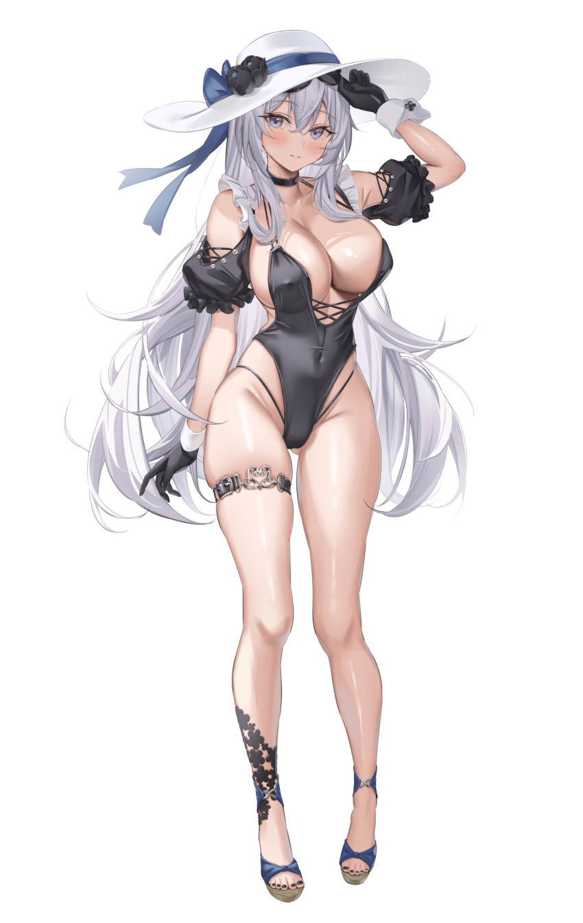 1girl ass_visible_through_thighs bangs black_choker black_nails breasts cameltoe choker cleavage covered_navel covered_nipples crossed_bangs detached_sleeves eyewear_on_head frills globes hat high_heels highres large_breasts long_hair one-piece_swimsuit original sg_(satoumogumogu) skindentation smile swimsuit tachi-e thigh_strap white_background white_hair wrist_cuffs
