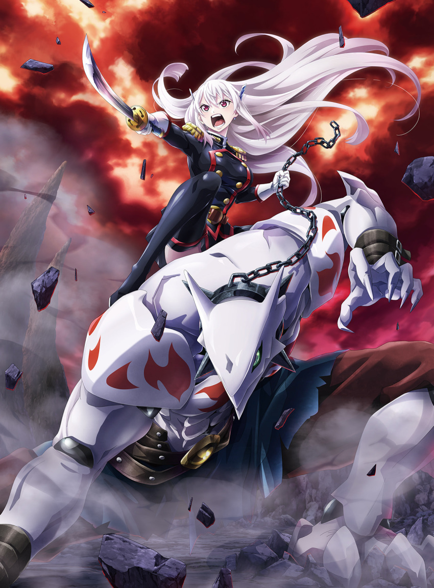 1girl 1other belt black_footwear black_jacket boots breasts buttons chain character_request double-breasted epaulettes gloves highres holding holding_sword holding_weapon jacket key_visual large_breasts long_hair mato_seihei_no_slave military military_uniform official_art promotional_art red_eyes sword thigh_boots uniform uzen_kyouka weapon white_gloves white_hair