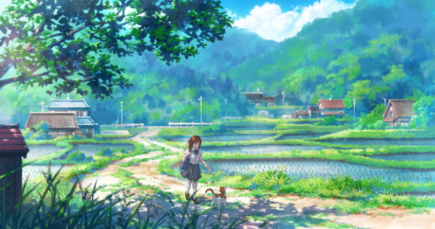 1girl absurdres bag brown_footwear brown_hair building cat cloud grass grey_skirt guard_rail gurafuru highres house loafers long_hair mountain original outdoors rice_paddy rural scenery school_bag school_uniform shadow shirt shoes short_sleeves skirt summer thighhighs tree utility_pole walking white_shirt white_thighhighs wide_shot