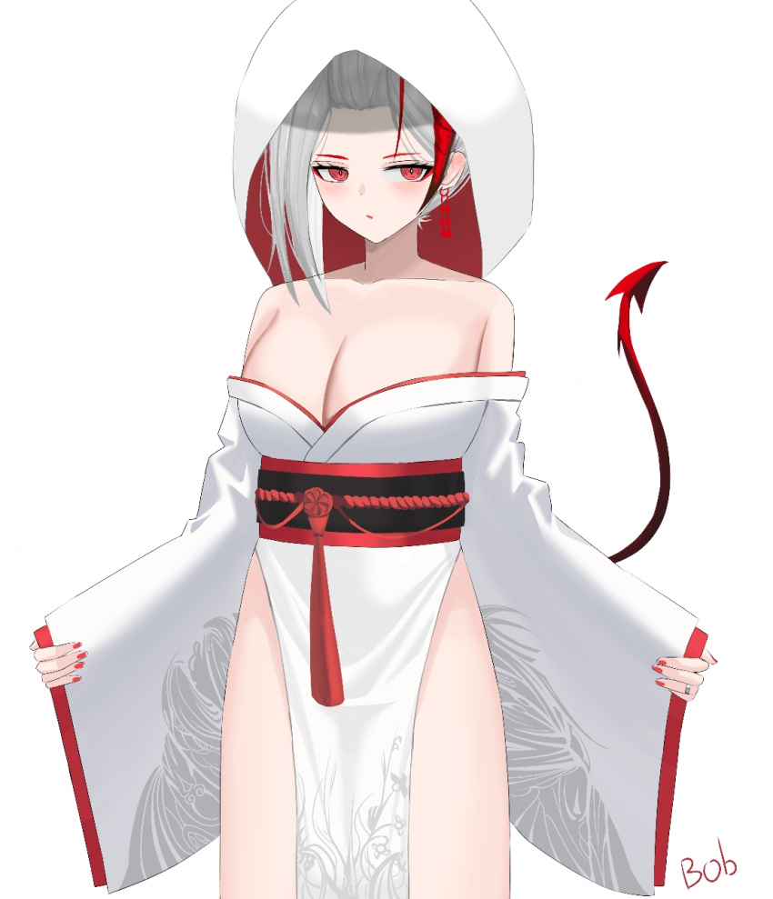 1girl alternate_costume arknights artist_name bare_shoulders blush bob_(bob79219) breasts cleavage closed_mouth collarbone cowboy_shot demon_girl demon_horns demon_tail earrings forehead grey_hair highres hood hood_up horns japanese_clothes jewelry kimono large_breasts long_sleeves multicolored_hair nail_polish obi off_shoulder pelvic_curtain red_eyes red_hair red_lips red_nails ring sash short_hair solo tail tassel thighs two-tone_hair uchikake w_(arknights) wedding_band white_kimono wide_sleeves