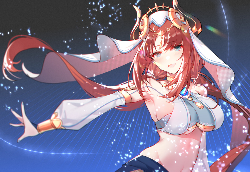 1girl :d armpits blue_eyes blurry breasts dancer detached_sleeves floating_hair genshin_impact horns large_breasts long_hair long_sleeves looking_at_viewer low_twintails midriff navel nilou_(genshin_impact) open_mouth outstretched_arm red_hair revealing_clothes smile solo stomach twintails underboob upper_body veil xion32