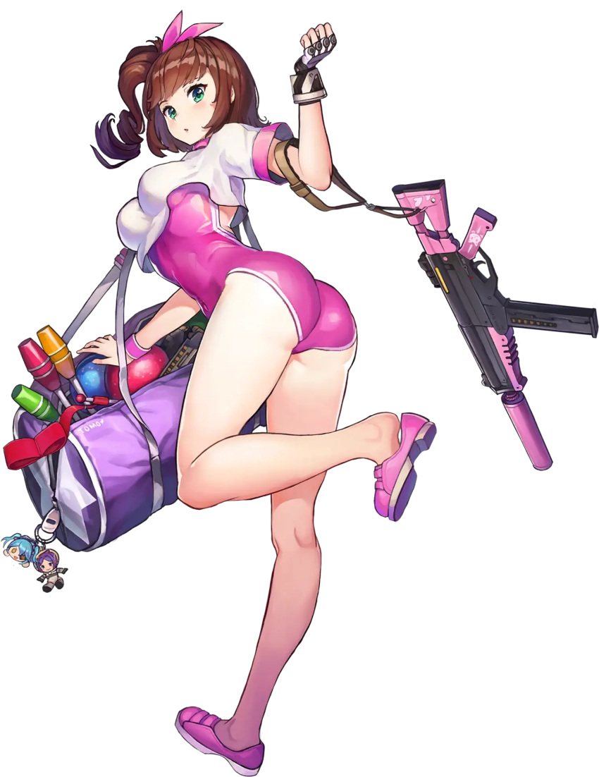 1girl arched_back ass athletic_leotard bag bag_charm ball bangs black_gloves blush breasts brown_hair character_name charm_(object) clenched_hand coco_mercury covered_nipples crop_top crop_top_overhang drill_hair duffel_bag fingerless_gloves full_body game_cg gloves green_eyes gun gym_shirt gym_uniform gymnastics hair_ribbon hand_up highleg highres juggling_club kneepits last_origin leg_up legs leotard leotard_under_clothes looking_at_viewer looking_back lrl_(last_origin) magazine_(weapon) medium_breasts medium_hair multicolored_clothes multicolored_gloves official_art one_side_up open_bag paintale parted_lips pink_footwear pink_leotard pink_ribbon pink_wristband red_ribbon rhythmic_gymnastics ribbon ribbon_baton rifle shiny shiny_hair shirt shoe_dangle shoes short_sleeves single_glove solo standing standing_on_one_leg star_(symbol) star_print strap suppressor tachi-e thighs tomo_(last_origin) transparent_background unzipped weapon white_gloves white_shirt wristband zipper zipper_pull_tab