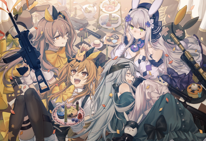 404_(girls'_frontline) 4girls arm_support assault_rifle black_dress black_thighhighs brown_hair bullet choker detached_sleeves dress flower_choker food g11_(girls'_frontline) g11_(the_rex_rabbit_in_search_of_courage)_(girls'_frontline) girls'_frontline gun h&amp;k_g11 h&amp;k_hk416 h&amp;k_ump45 h&amp;k_ump9 hair_ornament hair_ribbon hand_on_own_cheek hand_on_own_face hat highres hk416_(girls'_frontline) hk416_(herbal-flavored_hard_candy)_(girls'_frontline) holding holding_weapon light_brown_hair long_hair lying multiple_girls neck_ribbon official_alternate_costume on_back on_side on_stomach orange_eyes pastry rabb_horn ribbon rifle scar scar_across_eye scar_on_face shirt sleeping sleeveless sleeveless_dress strapless strapless_dress stuffed_toy submachine_gun teardrop_facial_mark teardrop_tattoo thighhighs tray twintails ump45_(girls'_frontline) ump45_(the_wish-making_sorceress_of_fireworks)_(girls'_frontline) ump9_(girls'_frontline) ump9_(the_wish-granting_sorceress_of_fireworks)_(girls'_frontline) weapon white_shirt yellow_eyes