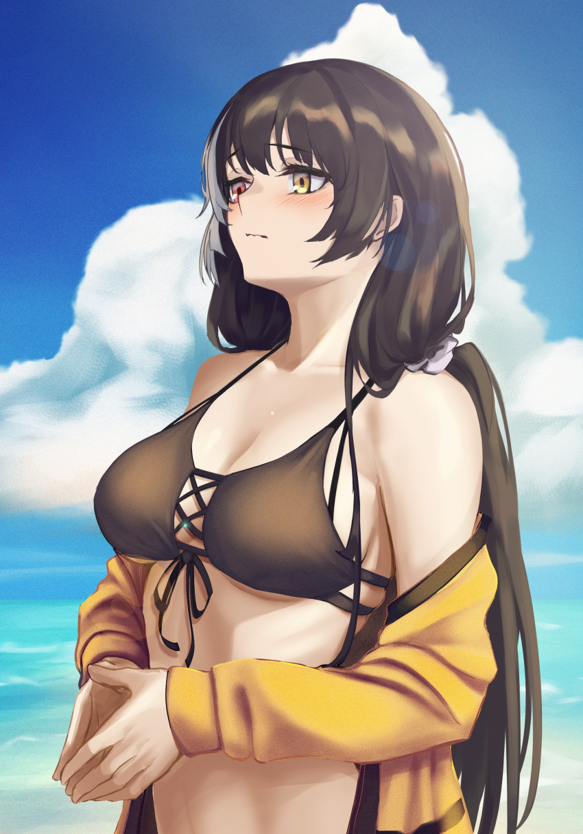 1girl 3_small_spiders absurdres bikini black_hair cloud front-tie_bikini front-tie_top girls'_frontline green_eyes hair_ornament hair_scrunchie heterochromia highres jacket long_hair low_twintails multicolored_hair ocean off_shoulder open_clothes open_jacket own_hands_together red_eyes ro635_(girls'_frontline) scrunchie streaked_hair swimsuit twintails upper_body white_hair yellow_jacket