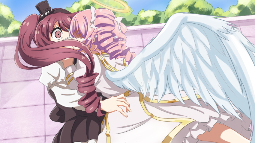 2girls angel_wings black_headwear blush brown_eyes brown_hair drill_hair eyepatch gothic_lolita hanazono_yurine hat highres hug isakuns jashin-chan_dropkick kiss lolita_fashion long_hair medium_hair mini_hat multiple_girls outdoors pink_hair pino_(jashin-chan_dropkick) shiny shiny_hair surprise_kiss surprised tears twin_drills twintails wings yuri