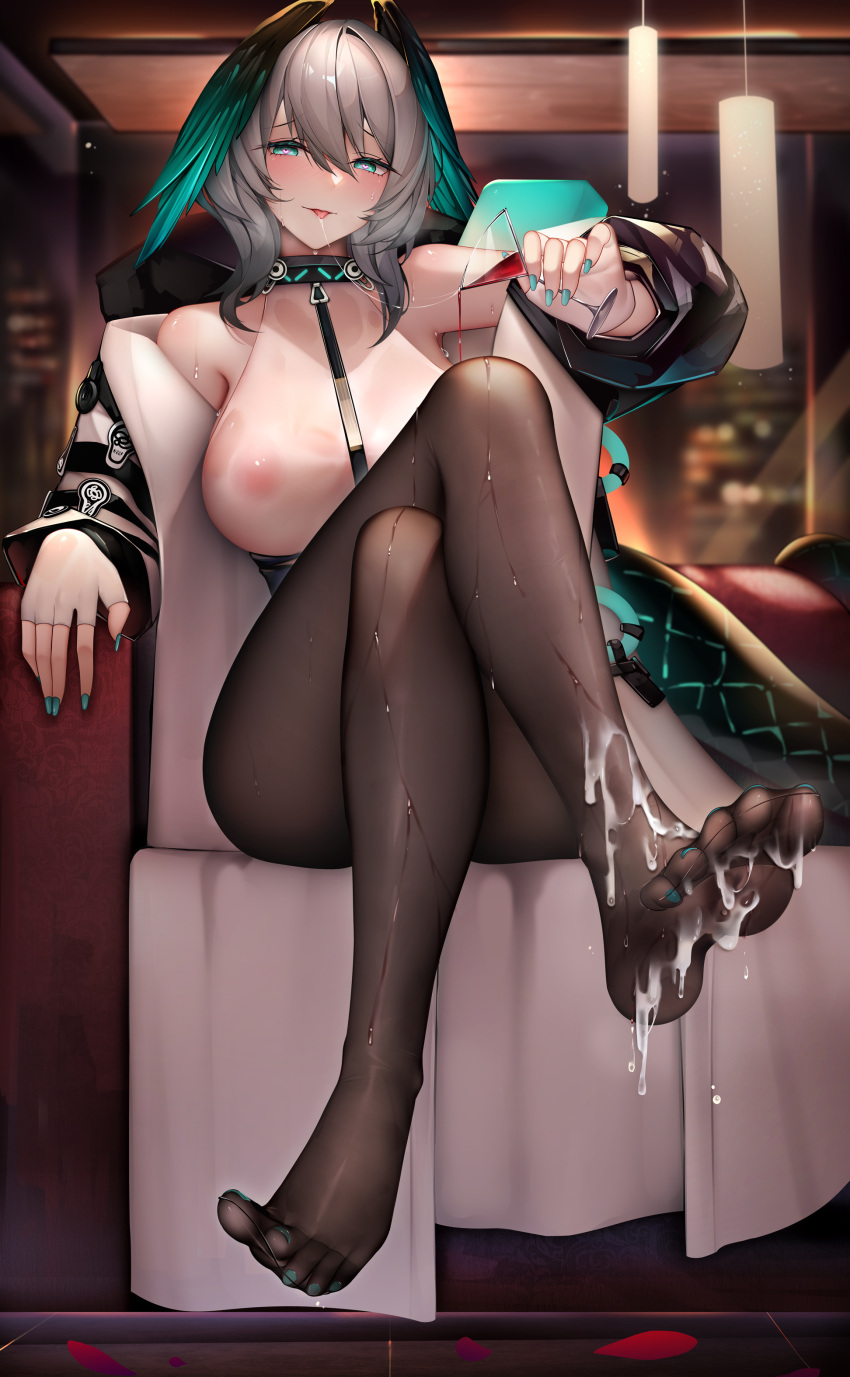 1girl :p absurdres alcohol aqua_eyes aqua_nails arknights bangs bare_shoulders binggong_asylum black_pantyhose blush breasts ceiling_light closed_mouth coat couch crossed_legs cum_on_feet cup drinking_glass feet fingerless_gloves fingernails full_body gloves grey_hair head_wings hetero highres holding holding_cup horheyer_(arknights) indoors large_breasts long_fingernails long_sleeves nail_polish nipples no_bra no_shoes off_shoulder on_couch open_clothes open_coat pantyhose petals pouring pouring_onto_self saliva saliva_trail see-through shirt short_hair sitting smile snake_tail solo tail toenail_polish toenails tongue tongue_out wet wet_clothes wet_shirt white_coat white_shirt wine