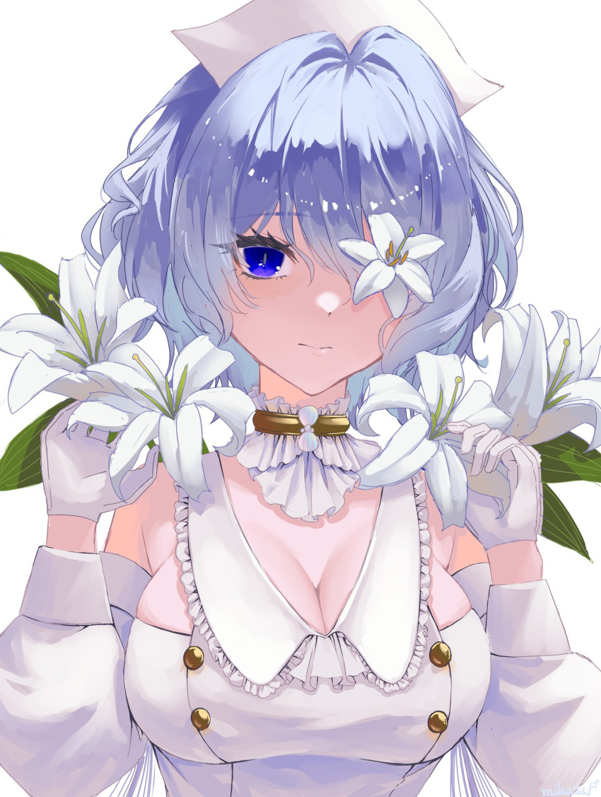 1girl alternate_costume arknights bare_shoulders blue_eyes blush breasts cleavage closed_mouth detached_sleeves dress flower flower_eyepatch frilled_dress frills gloves hairband highres holding holding_flower large_breasts lily_(flower) long_sleeves looking_at_viewer mihata_atelier one_eye_covered purple_hair short_hair simple_background solo upper_body whisperain_(arknights) white_background white_dress white_flower white_gloves white_hairband