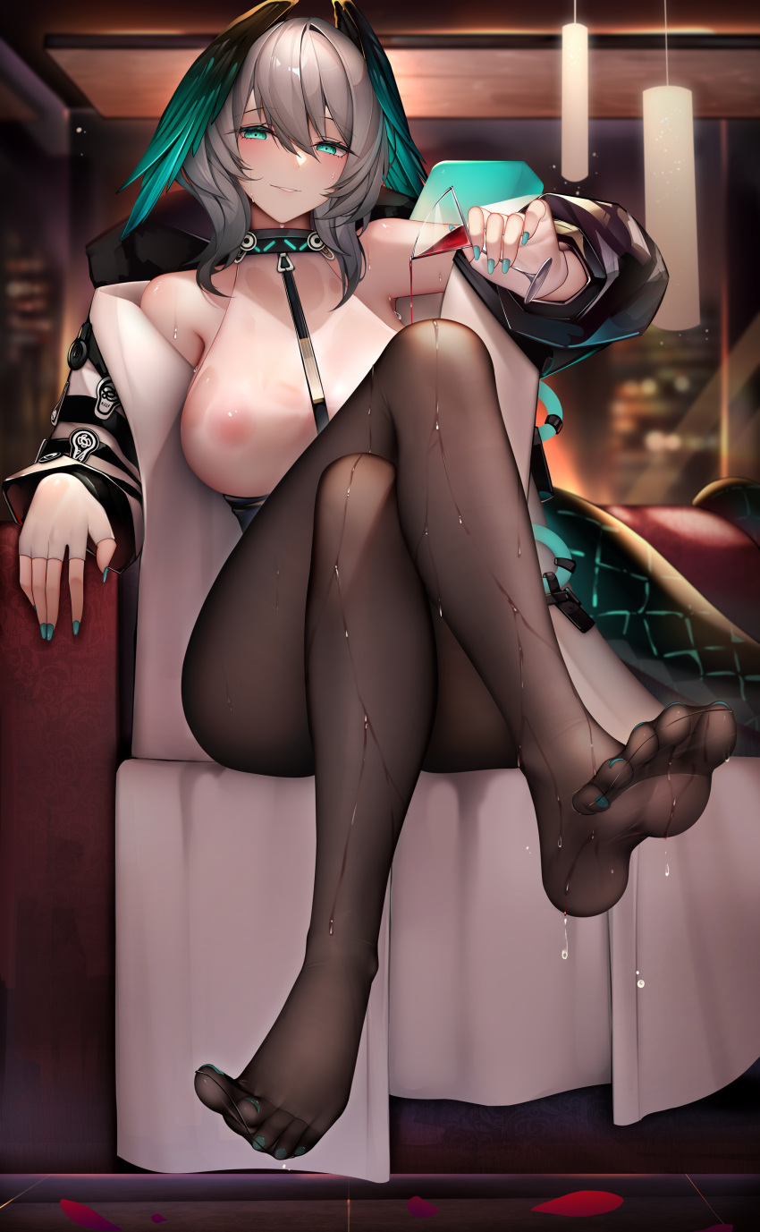 1girl absurdres alcohol aqua_eyes aqua_nails arknights bangs bare_shoulders binggong_asylum black_pantyhose blush breasts ceiling_light coat couch crossed_legs cup drinking_glass feet fingerless_gloves fingernails full_body gloves grey_hair head_wings highres holding holding_cup horheyer_(arknights) indoors large_breasts long_fingernails long_sleeves nail_polish nipples no_bra no_shoes off_shoulder on_couch open_clothes open_coat pantyhose parted_lips petals pouring pouring_onto_self see-through shirt short_hair sitting smile snake_tail solo tail toenail_polish toenails wet wet_clothes wet_shirt white_coat white_shirt wine