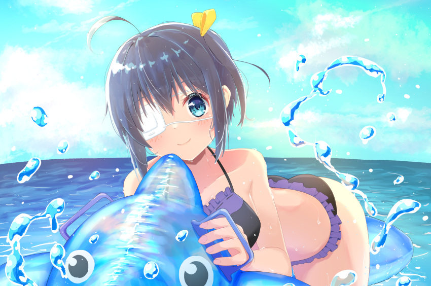 1girl bikini black_bikini black_hair blue_eyes blue_sky chuunibyou_demo_koi_ga_shitai! cloud day eyepatch frilled_bikini frills highres horizon inflatable_dolphin inflatable_toy looking_at_viewer ocean one_side_up outdoors shikkoku_no_hono_mikado short_hair sky solo swimsuit takanashi_rikka water