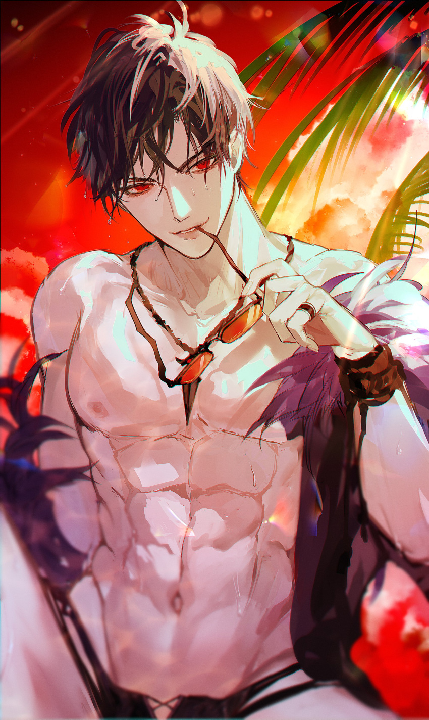 1boy abs absurdres bangs bare_pectorals belial_(granblue_fantasy) belial_(summer)_(granblue_fantasy) black_hair black_jacket black_male_swimwear eyewear_removed fur-trimmed_jacket fur_trim granblue_fantasy highres holding holding_eyewear jacket jewelry large_pectorals male_focus male_swimwear muscular muscular_male navel necklace nipples official_alternate_costume open_clothes open_jacket outdoors pectorals red_eyes rilmok ring short_hair solo swim_briefs tinted_eyewear wristband