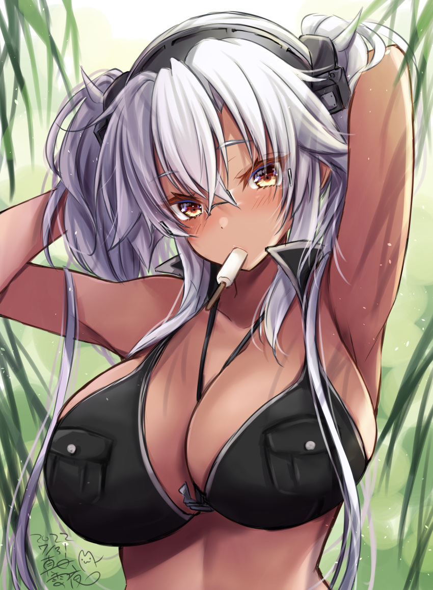 1girl absurdres anchor arms_behind_head bikini black_bikini breast_pocket breasts brown_eyes commentary_request dark-skinned_female dark_skin food glasses hairband highres jewelry kantai_collection large_breasts long_hair looking_at_viewer mashiro_yukiya mouth_hold musashi_(kancolle) necklace one-hour_drawing_challenge pocket popsicle semi-rimless_eyewear solo swimsuit twintails upper_body white_hair