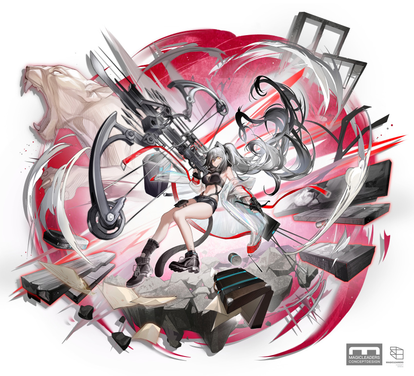 1girl absurdres animal_ears arknights arrow_(projectile) bangs bare_legs bare_shoulders bayonet black_footwear black_gloves black_shorts breasts cat_ears cat_tail chinese_commentary commentary_request crop_top crossbow fingerless_gloves floating_hair gloves grey_hair highres holding holding_crossbow holding_weapon jacket large_breasts long_hair long_sleeves midriff navel off_shoulder open_clothes open_jacket ponytail schwarz_(arknights) shikakrosho shoes short_shorts shorts solo stomach tail thighs very_long_hair weapon white_background yellow_eyes