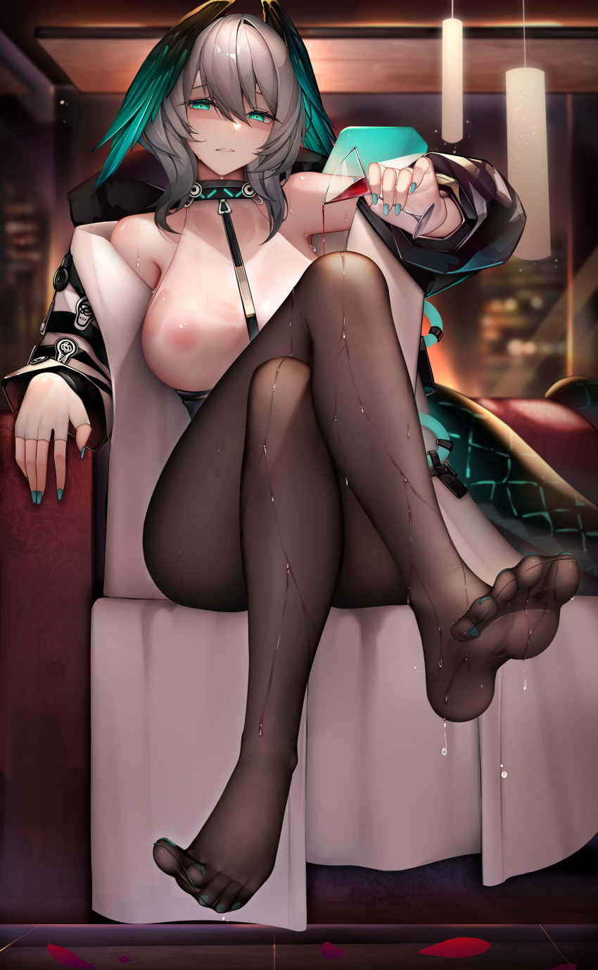 1girl absurdres alcohol aqua_eyes aqua_nails arknights bangs bare_shoulders binggong_asylum black_pantyhose blush breasts ceiling_light coat couch crossed_legs cup drinking_glass feet fingerless_gloves fingernails full_body gloves grey_hair head_wings highres holding holding_cup horheyer_(arknights) indoors large_breasts long_fingernails long_sleeves nail_polish nipples no_bra no_shoes off_shoulder on_couch open_clothes open_coat pantyhose parted_lips petals pouring pouring_onto_self see-through shaded_face shirt short_hair sitting snake_tail solo tail toenail_polish toenails wet wet_clothes wet_shirt white_coat white_shirt wine