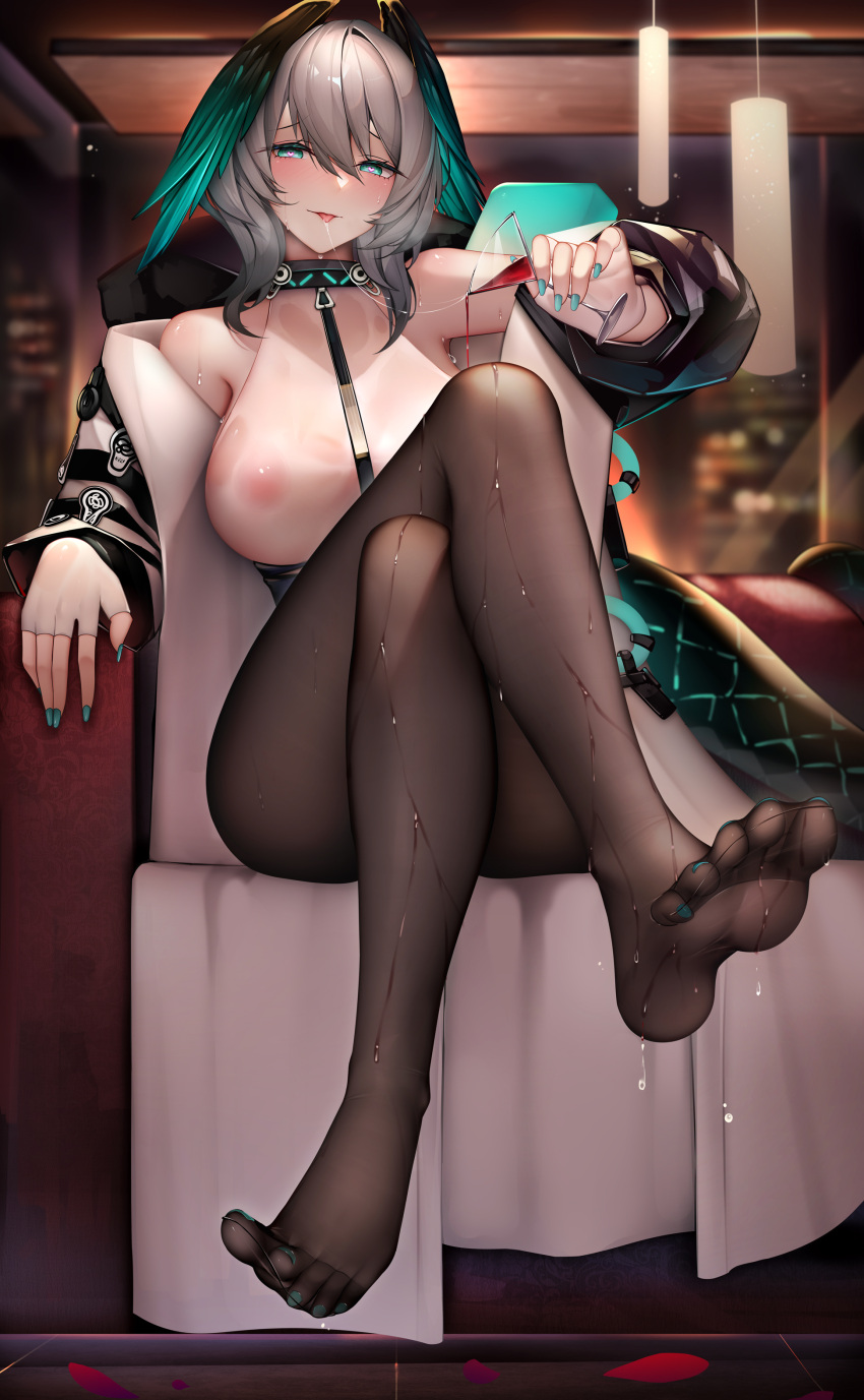 1girl :p absurdres alcohol aqua_eyes aqua_nails arknights bangs bare_shoulders binggong_asylum black_pantyhose blush breasts ceiling_light closed_mouth coat couch crossed_legs cup drinking_glass feet fingerless_gloves fingernails full_body gloves grey_hair head_wings highres holding holding_cup horheyer_(arknights) indoors large_breasts long_fingernails long_sleeves nail_polish nipples no_bra no_shoes off_shoulder on_couch open_clothes open_coat pantyhose petals pouring pouring_onto_self saliva saliva_trail see-through shirt short_hair sitting smile snake_tail solo tail toenail_polish toenails tongue tongue_out wet wet_clothes wet_shirt white_coat white_shirt wine
