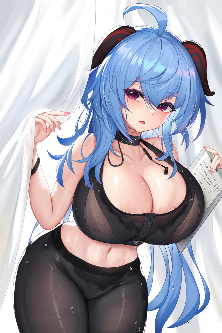 1girl ahoge alternate_costume bare_arms black_choker black_pants black_wristband blue_hair blush breasts choker cleavage clipboard cowboy_shot crop_top curtains damao_yu earphones ganyu_(genshin_impact) genshin_impact goat_horns hands_up highres holding holding_clipboard horns huge_breasts legs_together long_hair looking_at_viewer midriff navel pants purple_eyes shirt sleeveless sleeveless_shirt solo stomach thick_thighs thighs wet wristband