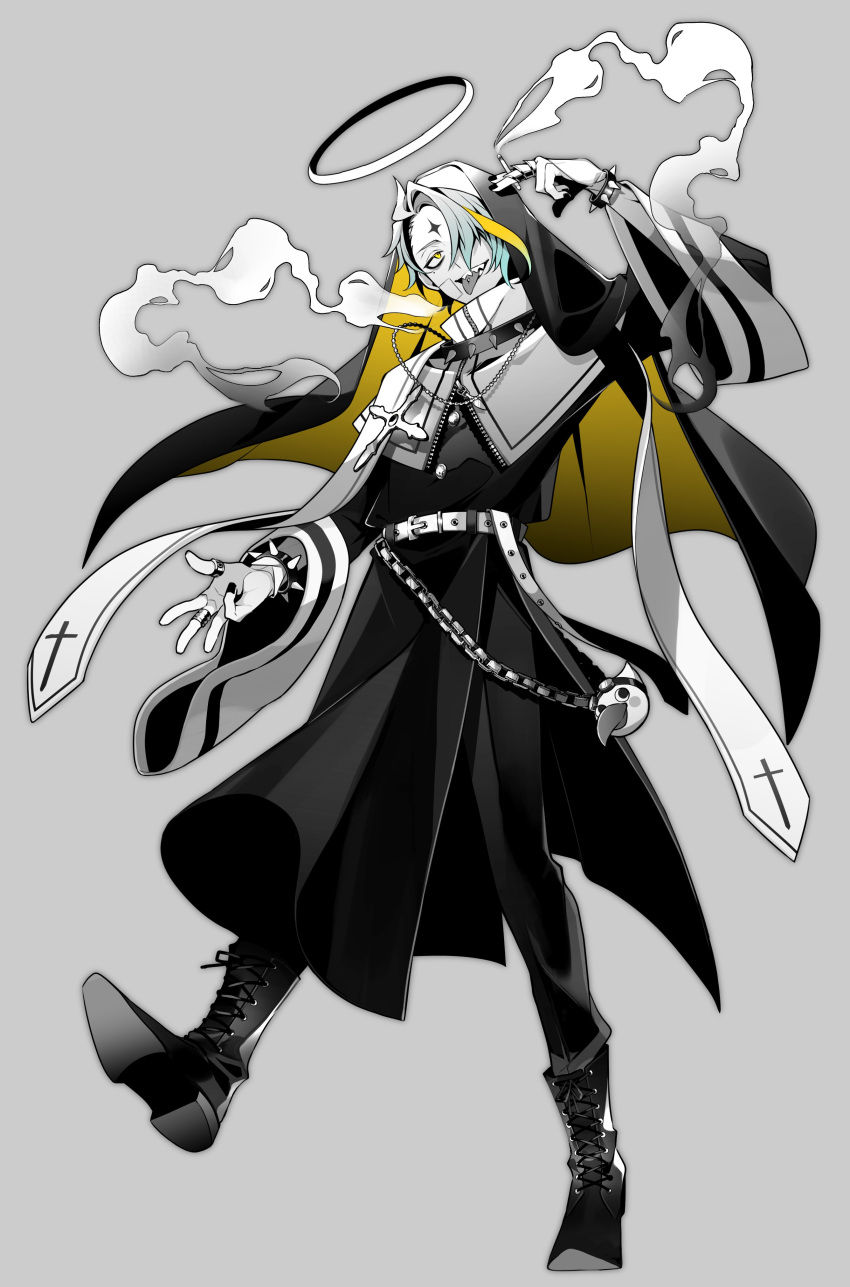 1boy absurdres aqua_hair bandaid bandaid_on_cheek bandaid_on_face belt belt_chain between_fingers bird blonde_hair boots bracelet cassock chain cigarette collar cross cross_necklace cross_print duck facial_mark finger_to_head forehead_mark full_body god-ish_(vocaloid) gradient_hair grey_background greyscale habit hair_over_one_eye halo hand_up highres holding holding_cigarette indie_virtual_youtuber jewelry looking_at_viewer male_focus monochrome multicolored_hair multiple_rings nail_polish necklace pants partially_unzipped piercing ring sanpaku sharp_teeth short_hair simple_background smoke solo spiked_bracelet spiked_collar spikes spot_color stole streaked_hair teeth thumb_ring tongue tongue_out tongue_piercing two-sided_fabric upper_teeth utai_meika virtual_youtuber wide_sleeves yellow_eyes zabeo0125 zipper zipper_pull_tab