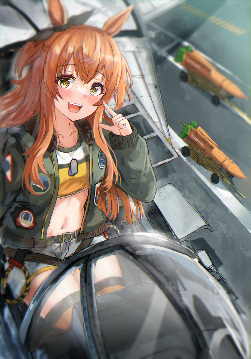 1girl :d absurdres aim-54_phoenix animal_ears collarbone commentary dog_tail f-14_tomcat green_jacket highres horse_ears horse_girl jacket karo-chan long_hair long_sleeves looking_at_viewer mayano_top_gun_(umamusume) midriff military missile navel orange_hair orange_thighhighs sitting smile solo striped striped_legwear tail teeth thighhighs thighs umamusume upper_teeth