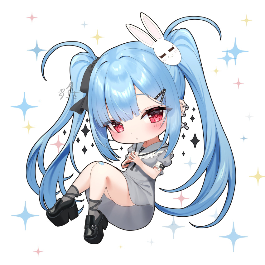 1girl :o absurdres bandaid bandaid_on_knee bandaid_on_leg black_bow black_footwear blue_hair blush bow bunny_hair_ornament chibi commentary dress ear_piercing frilled_sailor_collar frills full_body grey_dress hair_bow hair_ornament hairclip highres knees_together_feet_apart loafers long_hair long_sleeves original parted_lips piercing platform_footwear puffy_long_sleeves puffy_sleeves sailor_collar sailor_dress shoes simple_background socks solo sparkle steepled_fingers symbol-only_commentary tsukiman twintails very_long_hair white_background white_sailor_collar