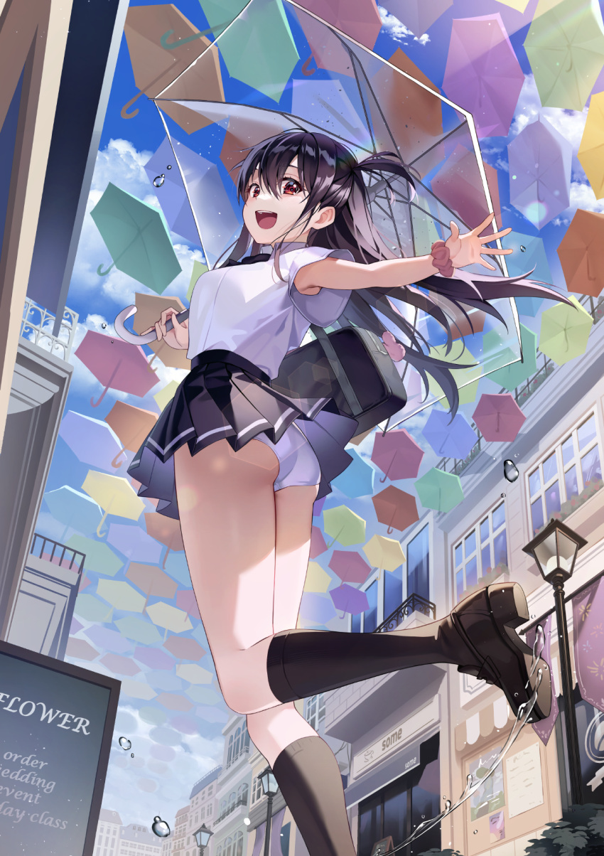 1girl :d ass bag bag_charm bangs black_bag black_bow black_bowtie black_footwear black_hair black_skirt black_socks blush bow bowtie building charm_(object) city cloud collared_shirt commentary_request day eyelashes floating_hair from_below hair_between_eyes highres holding holding_umbrella kneehighs lamppost leg_up long_hair looking_at_viewer looking_back miniskirt one_side_up open_mouth original outdoors outstretched_arm panties pine_(angel4195202) pleated_skirt red_eyes red_scrunchie school_bag school_uniform scrunchie shirt shoes short_hair short_sleeves shoulder_bag sidelocks skirt sky smile socks solo standing standing_on_one_leg teeth umbrella underwear upper_teeth white_panties white_shirt wing_collar wrist_scrunchie