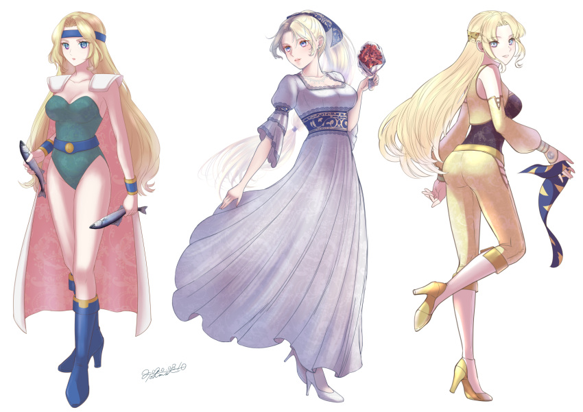1girl animal ass black_shirt blonde_hair blue_eyes blue_footwear blue_hairband blue_ribbon boots bouquet breasts cape celes_chere cleavage collarbone detached_sleeves dress final_fantasy final_fantasy_vi fish flower green_leotard hairband high_heel_boots high_heels highres holding holding_animal holding_bouquet holding_fish holding_ribbon jewelry large_breasts leotard long_dress long_hair multiple_views necklace pants pink_cape ponytail red_flower red_rose ribbon rose shirt signature simple_background strapless strapless_leotard touma_katsuragi very_long_hair vest white_background white_cape white_dress white_footwear wristband yellow_pants yellow_sleeves yellow_vest