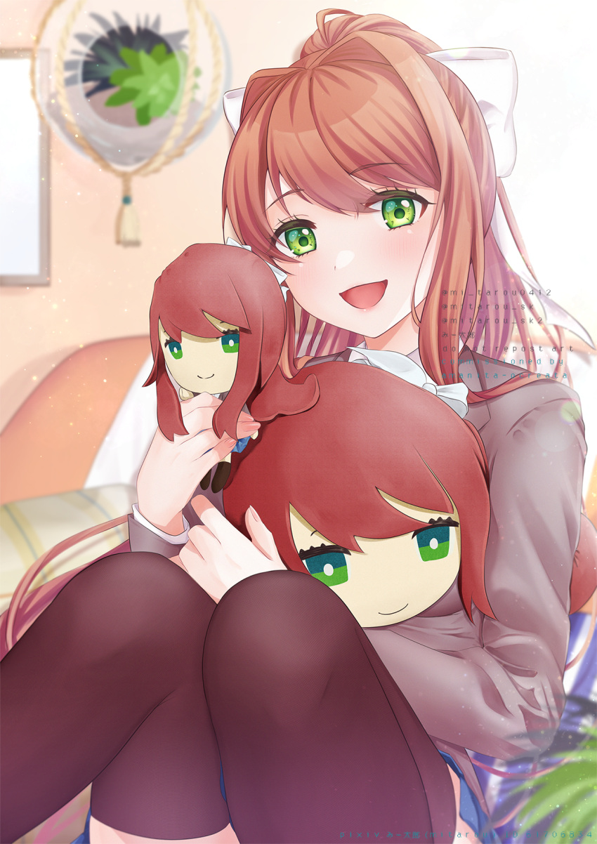 1girl blazer bow brown_hair commission doki_doki_literature_club green_eyes highres jacket long_hair looking_at_viewer mi_tarou0412 monika_(doki_doki_literature_club) open_mouth over-kneehighs ponytail ribbon school_uniform smile stuffed_toy thighhighs white_bow