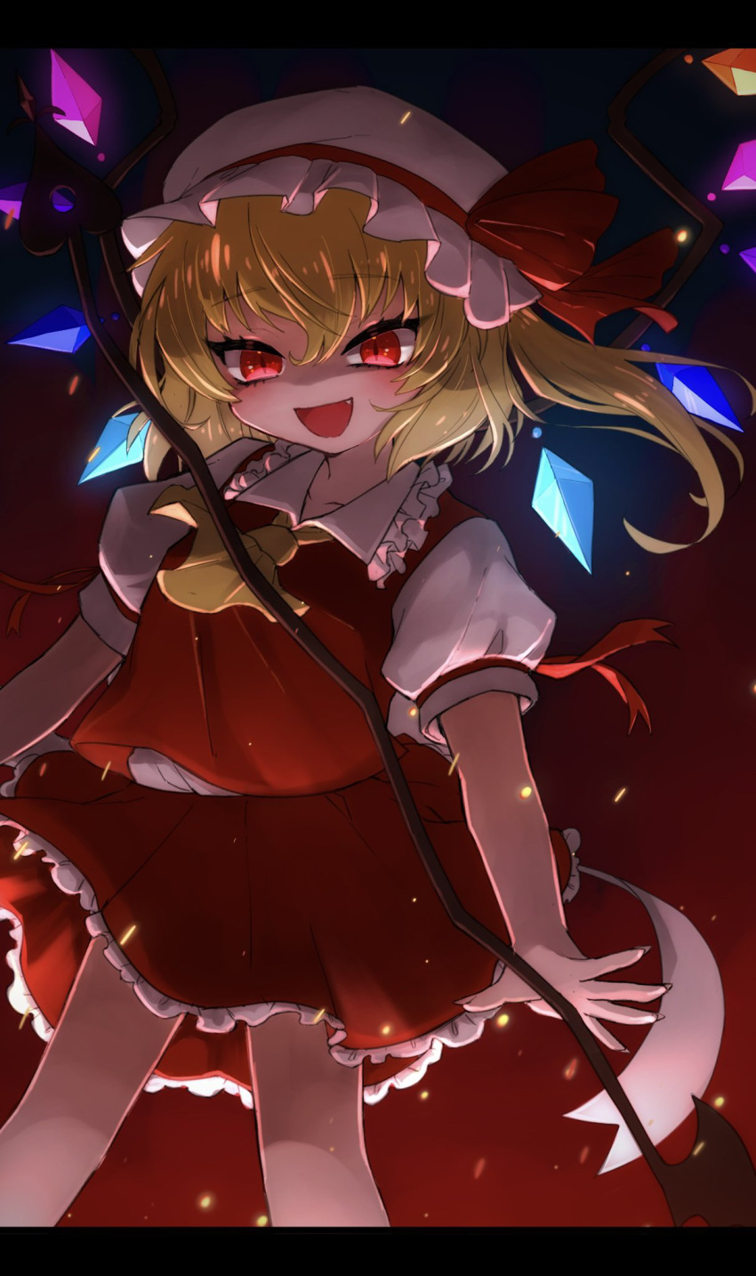 1girl ascot back_bow blonde_hair bow breasts collarbone collared_shirt commentary_request cowboy_shot crystal dark_background fang flandre_scarlet frilled_shirt_collar frilled_skirt frills gomi_(fuziya_strawberry-tart) gradient gradient_background hair_between_eyes hat hat_ribbon highres laevatein_(touhou) letterboxed medium_hair mob_cap multicolored_wings open_mouth puffy_short_sleeves puffy_sleeves red_background red_eyes red_ribbon red_skirt red_vest ribbon shirt short_sleeves side_ponytail skirt skirt_set small_breasts solo touhou vest white_bow white_headwear white_shirt wings yellow_ascot