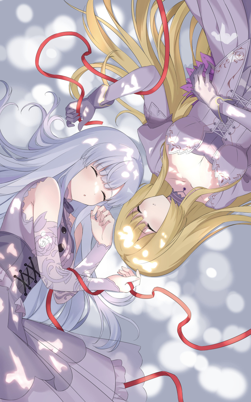 2girls absurdres arm_across_waist assault_lily bangs bare_shoulders blonde_hair blunt_bangs breasts buttons cleavage closed_eyes collar commentary cross-laced_clothes detached_sleeves dress facing_another fingernails floral_print grey_background grey_hair hair_spread_out hands_up highres holding holding_ribbon jewelry juliet_sleeves kon_(kon9d) kon_kanaho layered_dress light_blush long_hair long_sleeves lying medium_breasts miyagawa_takane multiple_girls neck_ribbon necklace official_alternate_costume on_back on_side parted_lips pendant print_sleeves puffy_sleeves purple_collar purple_dress purple_ribbon red_ribbon ribbon see-through shade sleeveless sleeveless_dress sleeves_past_wrists sunlight underbust very_long_hair wavy_hair