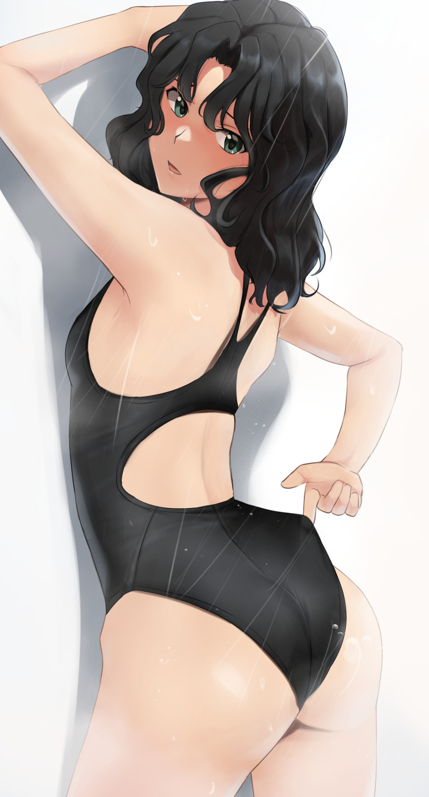 1girl adjusting_clothes adjusting_swimsuit against_wall amagami ass bangs black_eyes black_hair black_swimsuit breasts competition_swimsuit cowboy_shot from_behind highres looking_at_viewer looking_back medium_breasts medium_hair messy_hair one-piece_swimsuit parted_bangs solo swimsuit tanamachi_kaoru yoo_tenchi