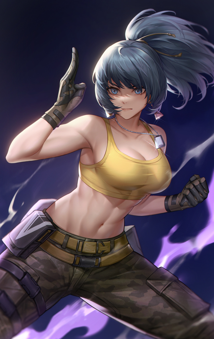 1girl abs absurdres bare_arms bare_shoulders belt black_gloves blue_eyes blue_hair breasts camouflage camouflage_pants cleavage clenched_hand collarbone commentary_request crop_top dog_tags earrings fighting_stance gloves highres hua-j jewelry large_breasts leona_heidern midriff navel pants pocket ponytail pouch purple_background sleeveless snk solo sports_bra stomach the_king_of_fighters the_king_of_fighters_xv toned triangle_earrings