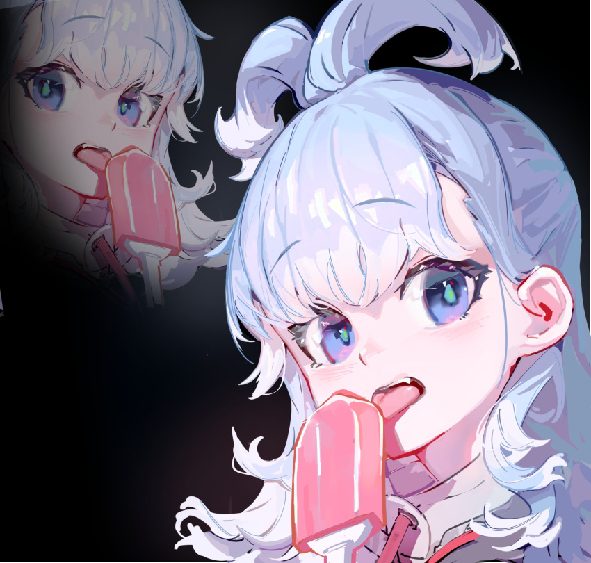1girl bangs blue_eyes blue_hair blush food highres hololive hololive_indonesia kobo_kanaeru licking looking_at_viewer multicolored_hair multiple_views old_metal_666 open_mouth popsicle portrait streaked_hair tongue tongue_out virtual_youtuber white_hair