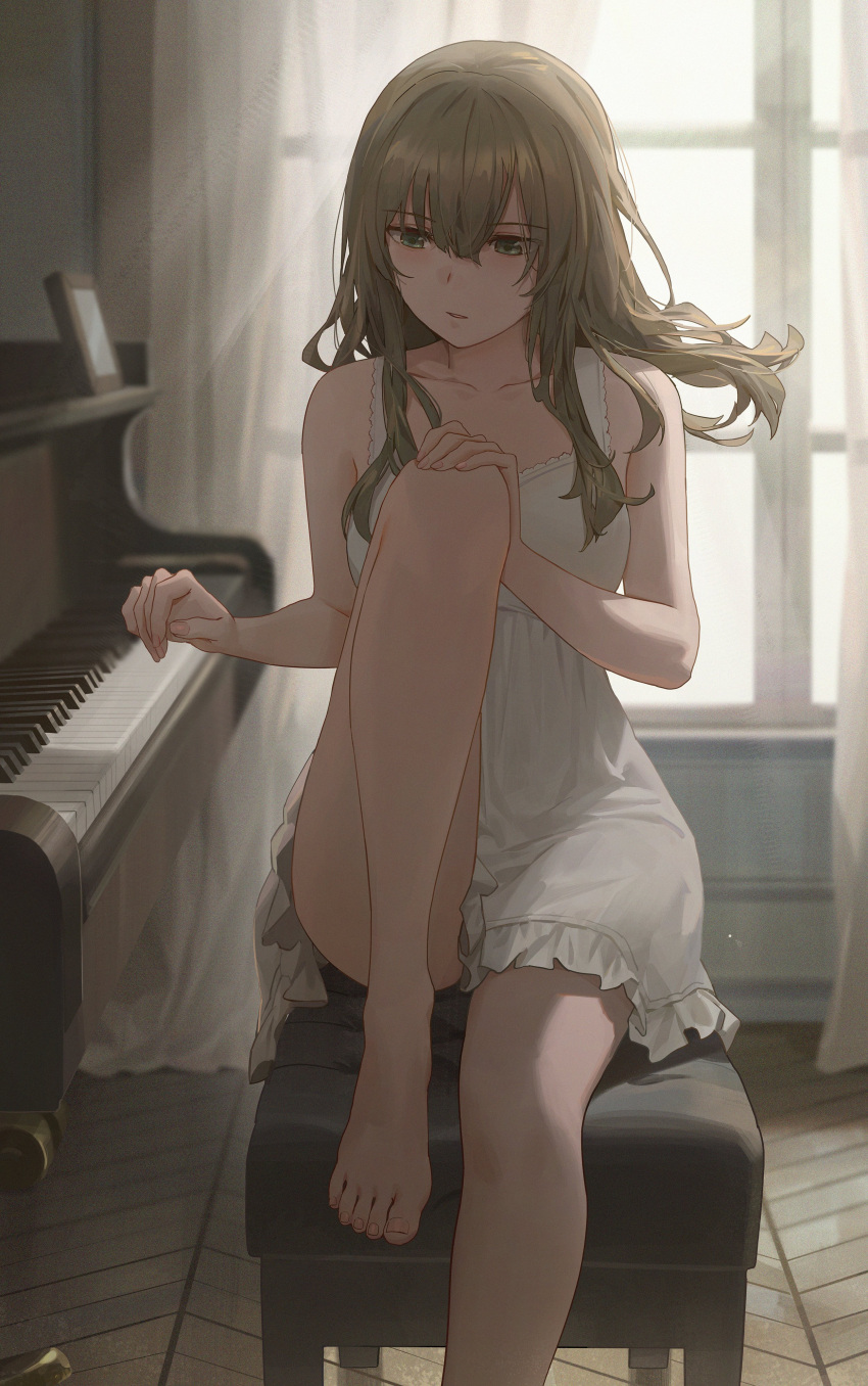 1girl absurdres backlighting barefoot collarbone dark_green_hair dress free_style_(yohan1754) green_eyes hair_between_eyes hand_on_own_knee highres indoors instrument knee_up long_hair original parted_lips piano piano_bench piano_keys sitting solo toes white_dress window
