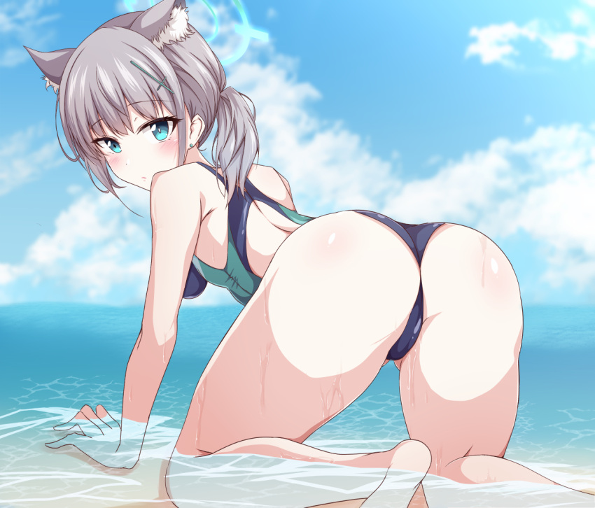 1girl all_fours animal_ear_fluff animal_ears ass bangs black_swimsuit blue_archive blue_eyes blue_sky breasts cloud commentary_request competition_swimsuit cross_hair_ornament day extra_ears from_behind grey_hair hair_ornament halo horizon looking_at_viewer looking_back low_ponytail medium_breasts medium_hair mismatched_pupils multicolored_clothes multicolored_swimsuit naba_(take_tonbo) ocean one-piece_swimsuit outdoors shiroko_(blue_archive) shiroko_(swimsuit)_(blue_archive) sky solo swimsuit water