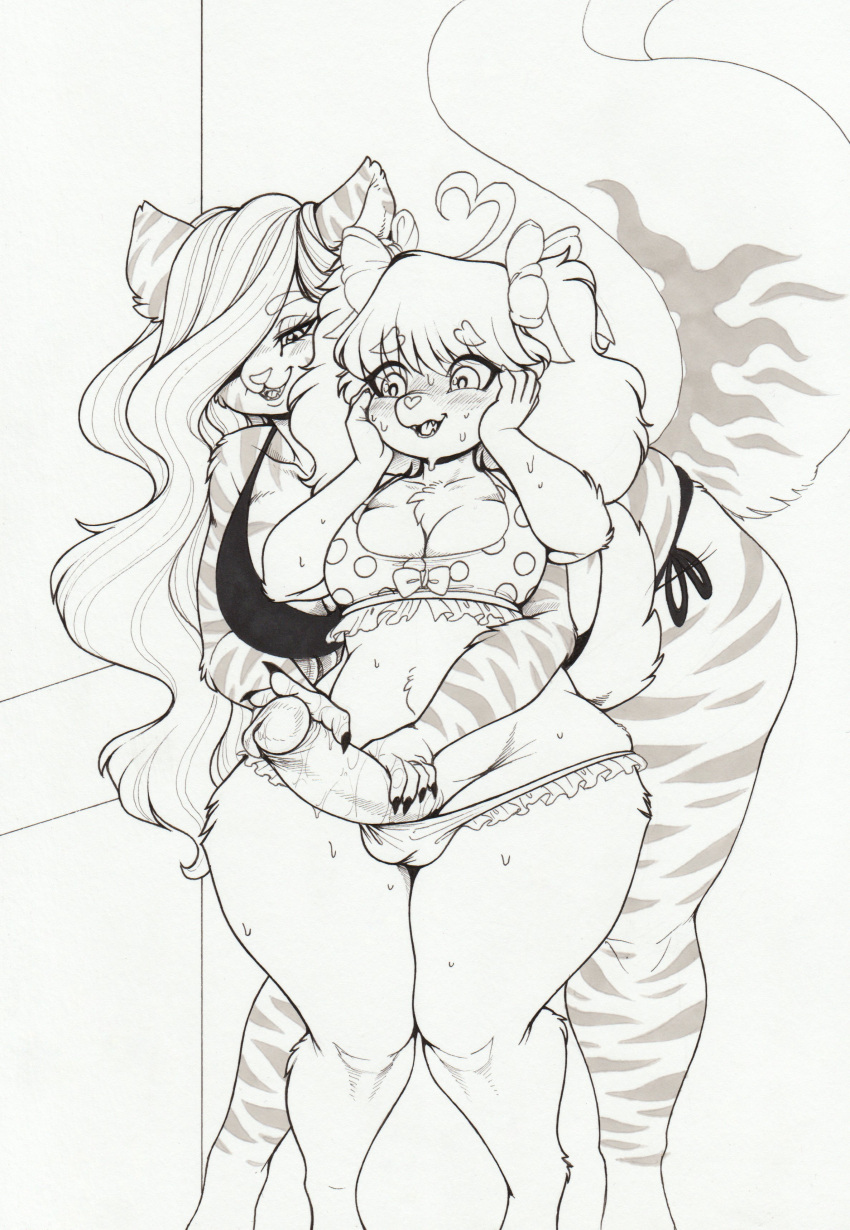 absurd_res aisha_(longinius) anthro anthro_on_anthro bent_over big_breasts big_penis bikini blush bodily_fluids breasts canid canine canis cleavage clothed clothing curvy_figure domestic_dog duo erection eyebrow_through_hair eyebrows felid female fingers fur genitals gynomorph gynomorph/female hair hair_over_eye hand_on_face handjob hi_res intersex intersex/female interspecies long_hair longinius mammal monochrome one_eye_obstructed open_mouth pantherine penile penis sex standing striped_body striped_fur stripes sweat swimwear thick_thighs tiger traditional_media_(artwork) translucent translucent_hair voluptuous wide_hips