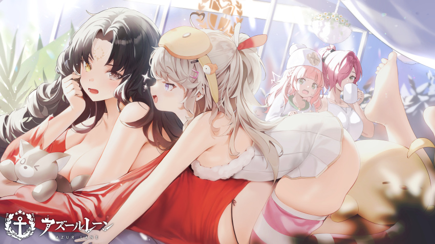 4girls absurdres alfredo_oriani_(azur_lane) alternate_costume ass azur_lane barefoot bent_over black_hair breasts cleavage commentary cup drinking english_commentary gogoco green_eyes grey_hair hair_over_one_eye heterochromia highres holding holding_cup indoors large_breasts loading_screen long_hair lying manjuu_(azur_lane) medium_breasts multiple_girls nightgown official_art on_stomach panties pink_thighhighs pompeo_magno_(azur_lane) purple_hair red_eyes red_nightgown roma_(azur_lane) sardegna_empire_(emblem) shirt sleep_mask soles string_panties striped striped_legwear the_pose thighhighs toes trieste_(azur_lane) two-tone_legwear two-tone_thighhighs underwear very_long_hair white_headwear white_shirt white_thighhighs yellow_eyes